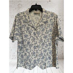 Women's Woolrich Ivory Blue Floral Button Up Shirt Size LG Linen Cotton